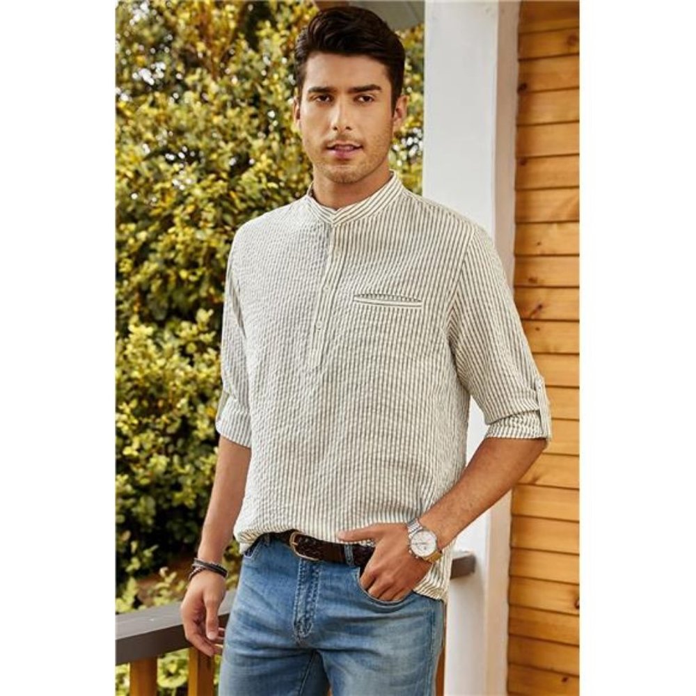 Men's Casual Summer Cotton Henley Shirt Long Sleeve Hippie Striped Beach Shirts - Picture 3 of 7